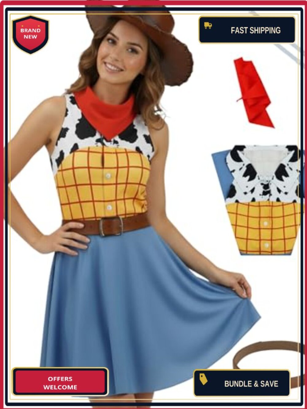Jessie Cowgirl Costume Tank Dress Belt Scarf Halloween Cosplay Outfit
